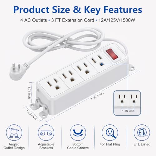 FENJIKRONIX 4 Outlet Small Power Strip, White, Mountable, 3 ft Cord - 1