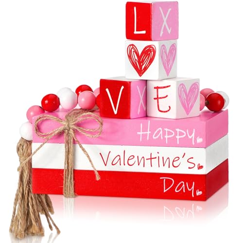 Burbell 8 Pcs Valentines Day Tiered Tray Decor Set - Rustic Fake Wooden Book Love Decorations for Farmhouse Table Mantle