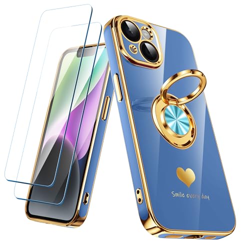 Coque iPhone 14 motif cœurs de luxe fine avec anneau bleu