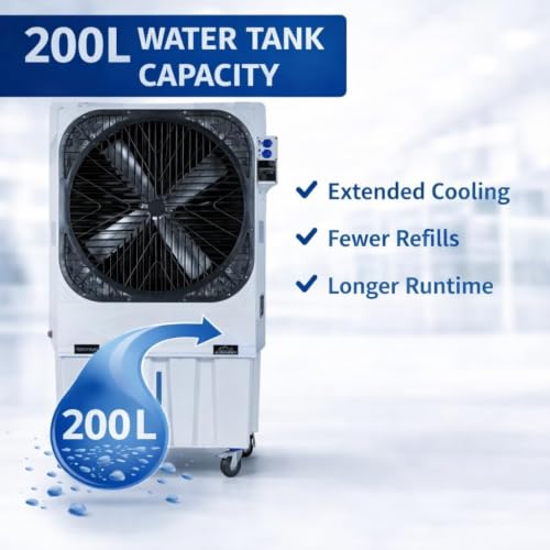 Image of 200 Desert Air Cooler Commercial 3000 Sqft | 13000 m /h Airflow | 30 Inch Fan | 100mm Honeycomb Pads | 500W High Performance Cooler for Large Rooms, Halls, Warehouses & Outdoor Use (White)