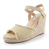 JOY IN LOVE Sandalias de cuña de plataforma para mujer, alpargatas de 4 pulgadas, sandalias de tacón de cuña y correa al tobillo, Beige, 37 EU