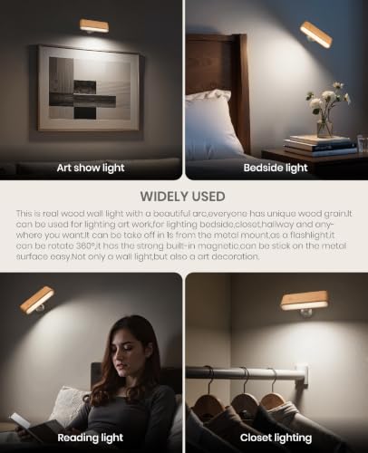 Image of Wood Battery Operated Wall Sconces Set of Two, Magnetic Mini Wall Lights with 360 Rotation and Adjustable Brightness, Stick-On Mount for Bedside, Hallway, Living Room (2Pack Beech Wood)