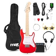 Ideal electric guitar starter kit for children aged 4-7, the Max GigKit Junior pack includes a 1/4 size red guitar designed for small hands, with 21 frets and a classic shape for an authentic playing experience. All-in-one electric guitar starter set...