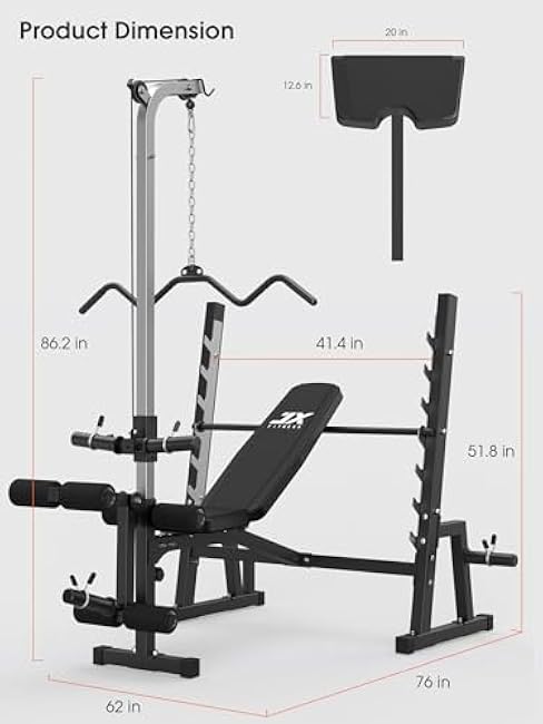JX FITNESS Olympic Weight Bench with LAT Pulldown Pulley System and Preacher Curl Pad, Workout Bench Press Multi-Function Weight Lifting Gym/Home Gym