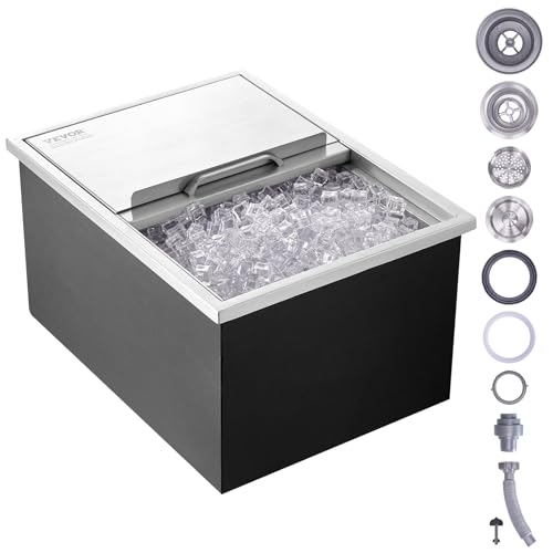 VEVOR Drop in Ice Chest 24L x 18W x 13H Stainless Steel Ice Cooler Commercial Ice Bin with Sliding Cover 40.9 qt Outdoor Kitchen Ice Bar Drain-pipe and Drain Plug Included for Cold Wine Beer