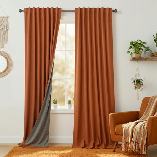 Image of KOUFALL Burnt Orange Blackout Curtains for Living Room,Linen Fall Decorative Boho Colorful Mid Century Modern Retro Curtains 84 Inch Length Long 2 Panels Set