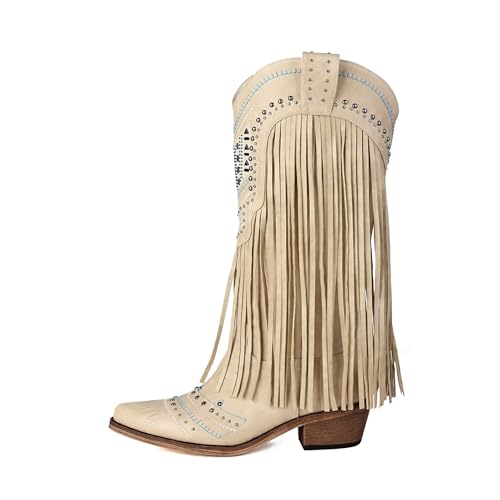 Image of Fringe Cowboy Boots for Women Wide Calf Embroidered Tassal Cowgirl Boot Knee High Snip Toe Pull On Western Shoes