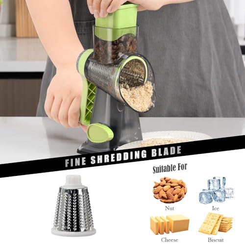 Image of Badelite Cheese Grater Hand Crank Rotating Cheese Shredder Stainless Steel Vegetable Slicer Grater for Kitchen 3 Blades for Cheese, Carrot, Cucumber, Nuts, Chocolate, Green