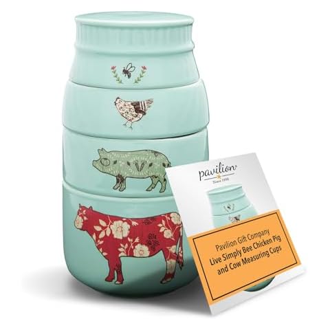 Pavilion Gift Company - 'Live Simply Bee, Chicken, Pig, and Cow' - 4-Piece Stoneware Measuring Cups Set, Sturdy Farmhouse-Style Kitchenware for Home Baking, Cooking, Gifting - Teal, 8 Ounces Cover