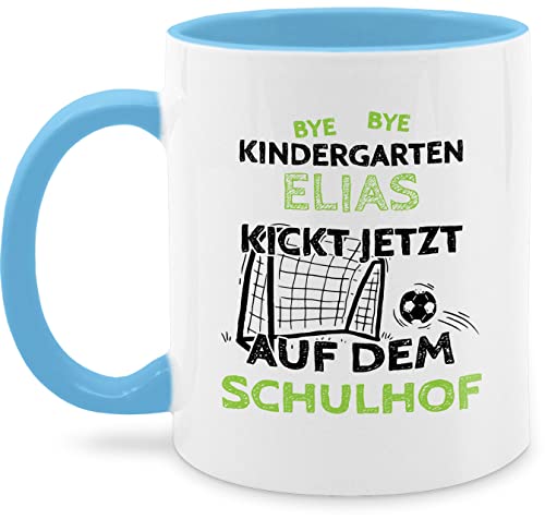 Tasse Tassen 325ml - Einschulung Schulanfang - Bye Bye Kindergarten - kickt jetzt auf dem Schulhof - 325 ml - Hellblau - fußballtasse personalisierte einschulungsgeschenke schulkind schule fanmug