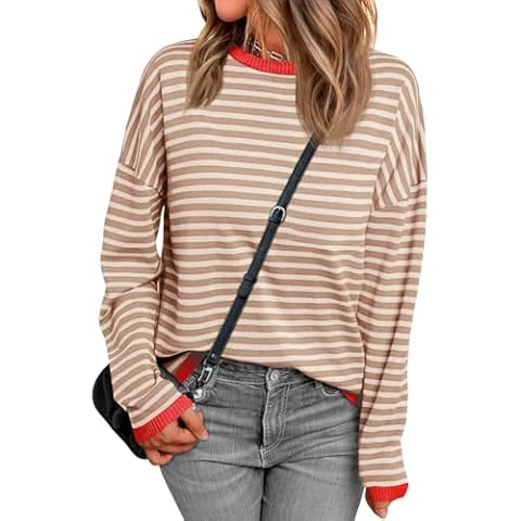 LUYAA Casual Womens 2024 Fall Sweater Striped Long Sleeve Crewneck Knitted Loose Fit Pullover Tops (Khaki M) Cover