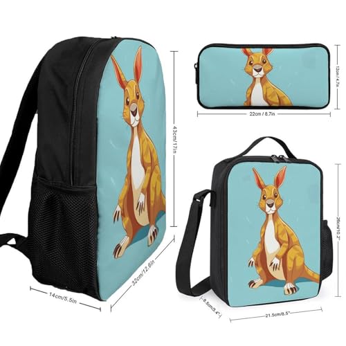 Funny Cartoon Kangaroo Zoo Backpack Set Lightweight Bag Lunch Box Pencil Bags for Women Men Bookbags 3 in 12