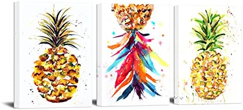 3 Piece Canvas Wall Art Colorful Hawaii Pineapple Painting Modern Tropical Fruit Picture Still Life Artwork for Kitchen Living Room Office Decorations Framed 12x16inchx3pcs