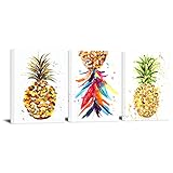 3 Piece Canvas Wall Art Colorful Hawaii Pineapple Painting Modern Tropical Fruit Picture Still Life Artwork for Kitchen Living Room Office Decorations Framed 12x16inchx3pcs