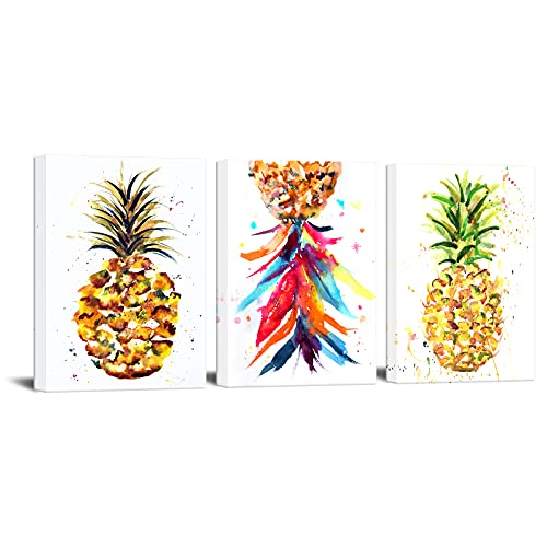 3 Piece Canvas Wall Art Colorful Hawaii Pineapple Painting Modern Tropical Fruit Picture Still Life Artwork For Kitchen Living Room Office Decorations Framed 12X16Inchx3Pcs #TOP2