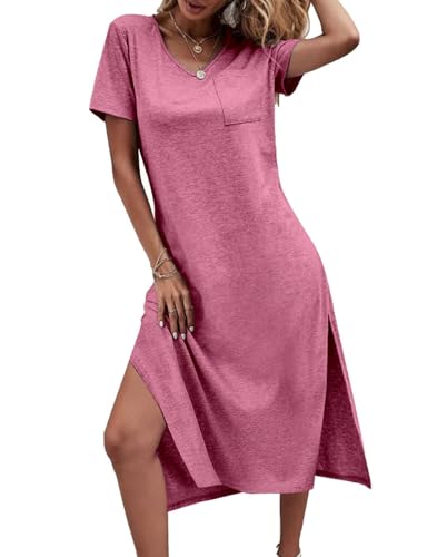 Image of Dyexces Women Summer T Shirt Dress Casual Short Sleeve V Neck Maxi Dresses Loose Side Slit Long Tshirt Dress with Pockets