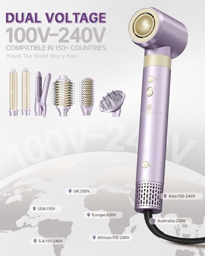 Image of Hair Dryer Brush 7-in-1 Dual Voltage Hot Air Styler - Fast-Drying 110,000 RPM Ionic Blow Dryer with Straightener & Curler Attachments, Frizz-Free Volumizing Styler with Protective Hard Case-Purple