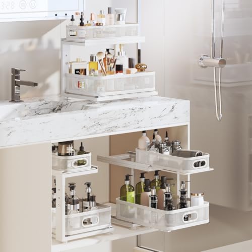 Image of 2 Pack Under Sink Organizer With Next-Gen Ball-Bearing Slides,2-Tier Precision Mesh Pull Out Cabinet Drawers Storage for Bathroom&Kitchen,Height Adjustable Shelf,Rust-resistant-Patent Pending