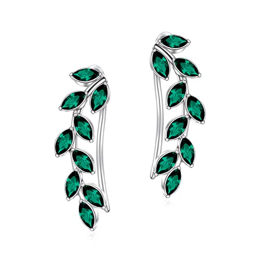 AOBOCO Leaf Ear Climbers Earrings Hypoallergenic 925 Sterling Silver Ear Crawler Cuff Earrings for Sensitive Ears, Made with Austrian Crystals