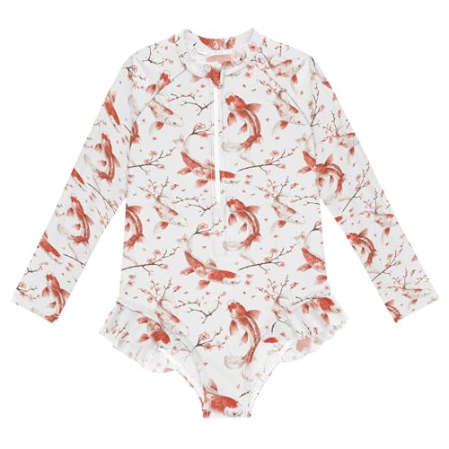 Koi Fish Pink Cherry Blossom Girls Long Sleeve Rashguard Swimsuit UV Protection One-Piece Swimwear B0405075