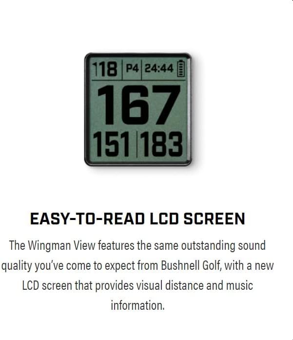 Close-up of the Bushnell Wingman View's LCD screen displaying golf GPS distances: 167 yards to the middle, with 151 and 183 for front and back.
