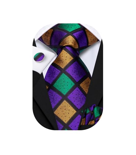 Dubulle Mens Purple Green Yellow Checks Silk Tie for Men Striped Necktie Pocket Square Cufflinks Set Wedding Business