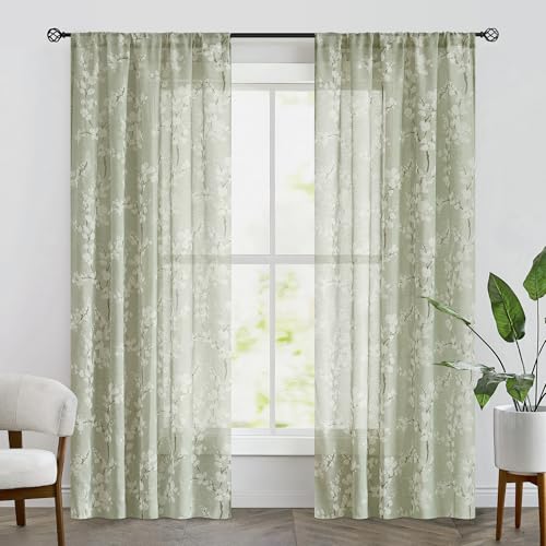 Image of FMFUNCTEX Linen Sheer Blossom Floral Curtains Sage Green 84 Inch 2 Panels