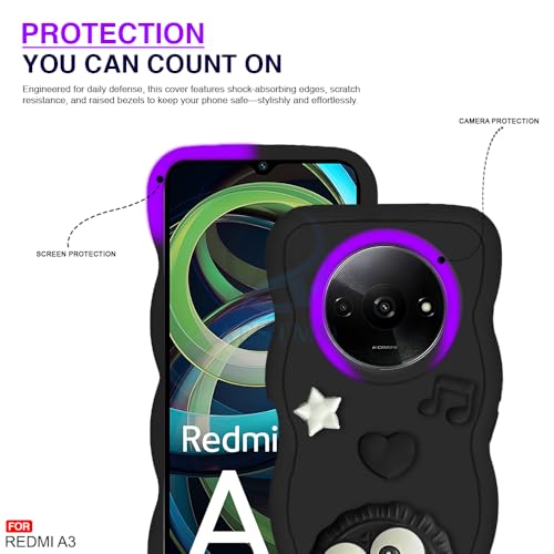 Image of AESTMO Back Case Cover for Redmi A3 | 3D Cute Fun Cartoon Characters | Anti Slip Grip Cute Wave Curly Frame Shape | Full Body Protection Back Cover for Redmi A3 | (Black)