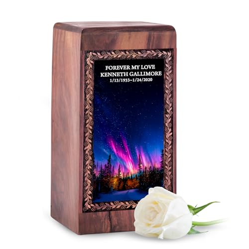Yatskia Northern Lights Urn for Ashes for Women | Large Burial Urns for Human Ashes Adult Man | Cremation Urn for Adults | Wooden Box Urns for Human Ash, (11.25 Inch, 240 Cubic Inches)