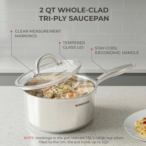 Image of Sunhouse: Stainless Steel Tri-Ply Saucepan - 2 Quart - Tempered Glass Lid, Whole Clad Premium 18 /8, Uncoated Pot, All Cooktops, Oven-Dishwasher Safe