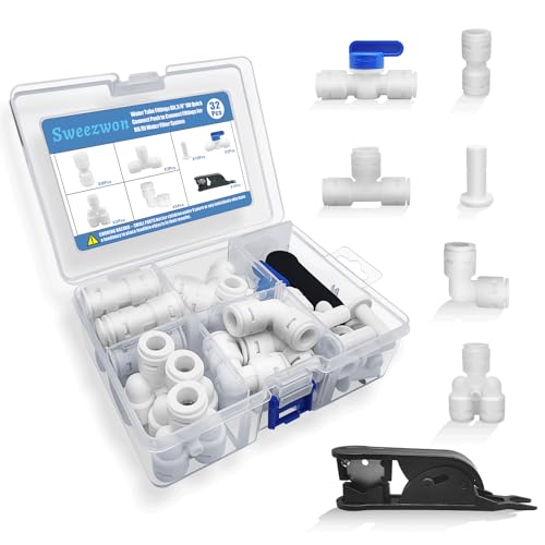 Sweezwon Water Tube Fittings Kit, 3/8" OD Quick Connect Push to Connect Fittings for RO/DI Water Filter System (Ball Valve+ T+ I+ L+ Y+ Professional Tubing Cutter, 32Pcs)