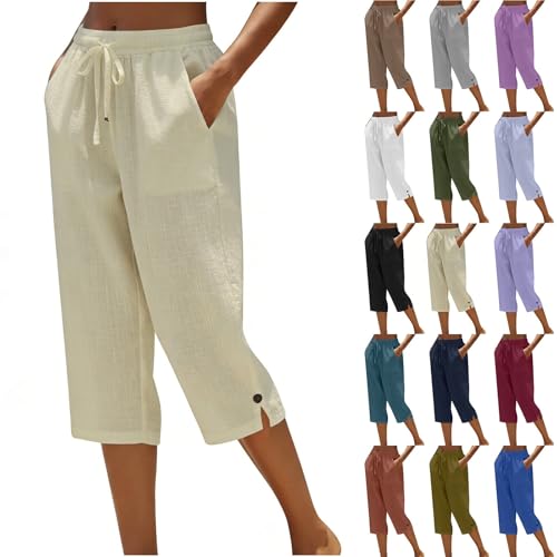 Pantacourt Femme Été Pantalon 3/4 en Coton et Lin Pantalon de Jogging Léger avec Poches Taille...