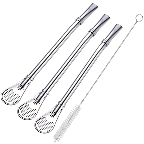 Yerba Mate Bombilla Gourd Drinking Filter Straws 304 Food-Grade Stainless Steel 6.1 inch Long Spoon Bombillas Straws for Mate Tea Set of 3 with Cleaning Brush (silver)