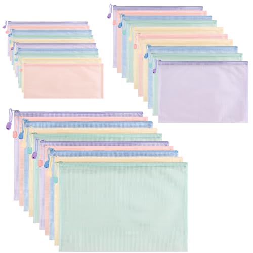 FANXIYA 30 Piezas Carpetas de Documentos A4 A5 A6, Bolsas de Plástico Impermeables con Cremallera y Cuerda Colgante, Carpetas Transparentes de Colores para Escuela, Oficina y Viaje