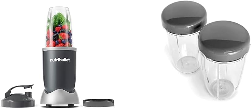 nutribullet Personal Blender for Shakes, Smoothies, Food Prep, and Frozen Blending, 24 Ounces, 600 Watt, Gray, NBR-0601 & Stay Fresh Resealable Lids 2, 20 Lbs, Gray
