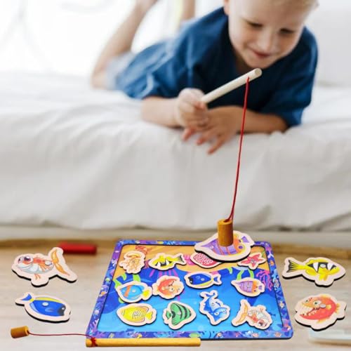 Image of PLUSPOINT 15 Pieces Wooden Magnetic Fishing Game for Kids 12 Fishes 2 Stick 1 Pool Tray Magnet Fish Game Wooden Magnetic Fishing Toys for Kindergarten Preschool Kids Girl Boy (Fish Tray)
