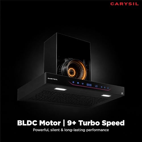 Image of Carysil AeroSync SilentX 90 cm BLDC Motor Kitchen Chimney, T-Shape, 1800 m /hr Suction, Auto-Clean Filterless, 9+ Turbo & Gesture Control, LED Lamp, 12-Year Warranty - Black