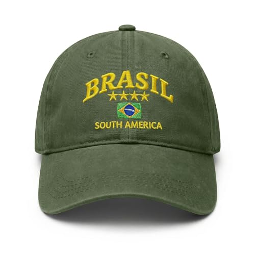 GANGXCHEN Brazil Flag Hats for Men & Women Adjustable Baseball Caps Brasil South America Star Embroidered Hat(Army Green)