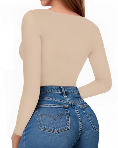 Image of MANGOPOP Womens Long Sleeve Bodysuit Long Sleeve Crew Neck Body suit for Women Ribbed Bodysuits For Women Shirts Tops