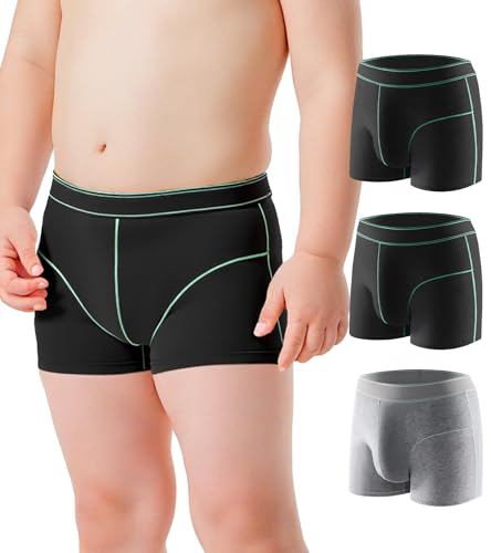 Carer Washable Incontinence Underwear for Boys with Front Absorbency 80ml Kids Incontinence Boxer Briefs Reusable Cotton Leak Proof Underwear for Teen Boys Age 4-18, 3pk L (2 Black, 1 Gray)
