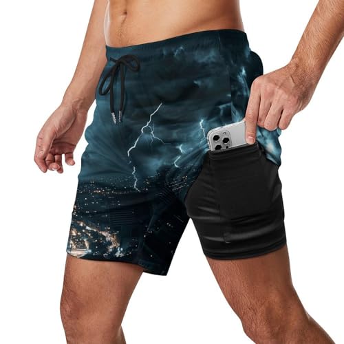 Men & Boys Classic Fit Swim Trunks for Beach Gym Sport Quick Dry Drawstring Basic Board Shorts with Pockets, Underwear Chicago City Tornado Storm Weather Art Fashion Cargo Short