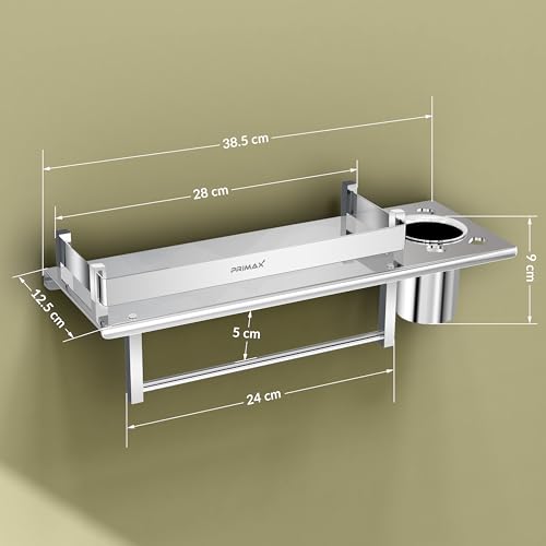 Image of Plantex (Primax) Stainless Steel Nickel 3 in 1 Multipurpose Bathroom Shelf, Towel Hanger (Chrome, Silver, 15 x 5 Inches)