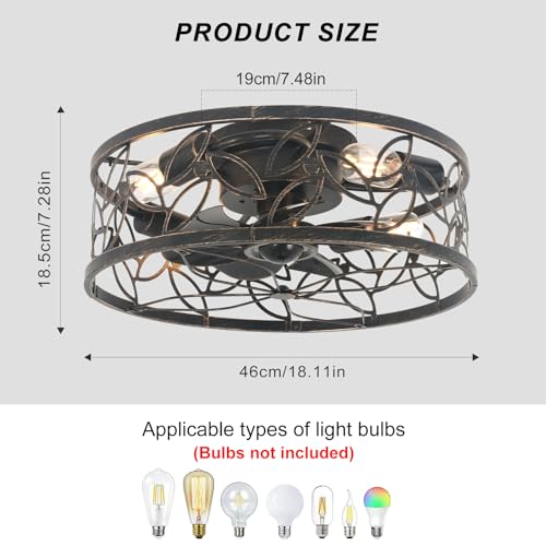 Image of Garwarm 18 inch Caged Ceiling Fan with Light, Bronze Fandelier with Remote | Farmhouse Ceiling Fan,Low Profile Flush Mount Fan Light, 6-Speed Reversible DC Motor for Small Bedroom, Kitchen, Dining Room