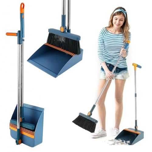 AMERTEER Broom and Dustpan Set for Home | Upright Long Handle Broom with Foldable Dustpan (Broom 84x25x10cm Dustpan 85x24x24cm) | Floor Cleaning for Kitchen Office Lobby Indoor & Outdoor Use