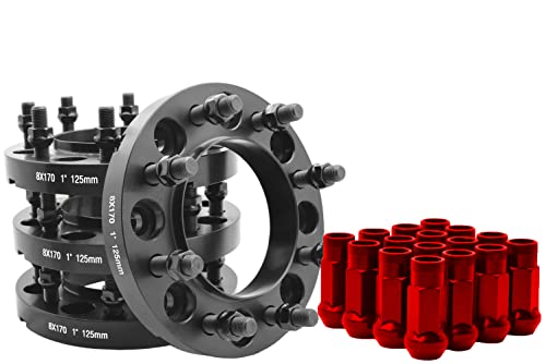 4 Pc Hub Centric Wheel Adapters Spacers | 8x170 MM | 1" Thick | M14x1.5 + 32 Pc Tall Opened End Red Lug Nuts W/Thread Locker Works with 2003-2019 Ford F-250 F-350 Super Duty