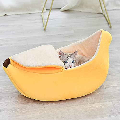 Pet Cat Bed House Banana Shape Pet Bed Warm Boat Pet Sleep Nest Lovely Pet Supplies for Cats Kittens Winter Cotton Cushion Coral Fleece, Yellow Banana