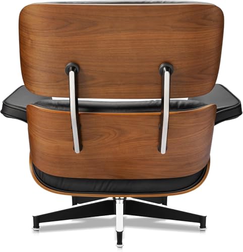 Image of Top Black Grain Leather, Mid Century Chaise Lounge Chair and Ottoman, Modern Chair Classic Design, Walnut Wood, Heavy Duty Base Support for Living Room Office (Light Walnut)