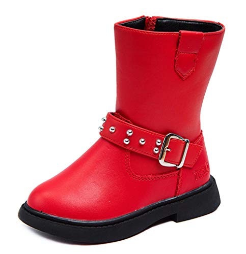DADAWEN Kid's Girl's Waterproof Buckle Strap Side Zipper Mid Calf Combat Fur Lined Winter Snow Boots (Toddler/Little Kid/Big Kid) Red US Size 9 M Toddler