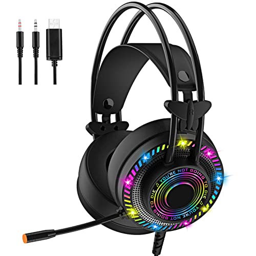 Amazon Brand - Umi Casque Gamer Filaire, 50mm Casque Gamer pour PC, PS4, PS5, Xbox One, Switch avec LED Lampe, Micro, 3,5 mm ＆ 7.1 Filaire Casque Gaming - Noir