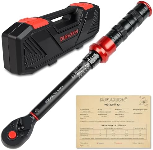 DURAXION Drehmomentschlüssel Klein 3/8 Zoll 5-70Nm für Motorrad Fahrrad | ±3%,72 Zähne,Doppelskala,Kalibrierprotokoll, 0,25Nm Feineinstellung,Klick,Lenker,Sattel,Kette,E-Bike,Auto,